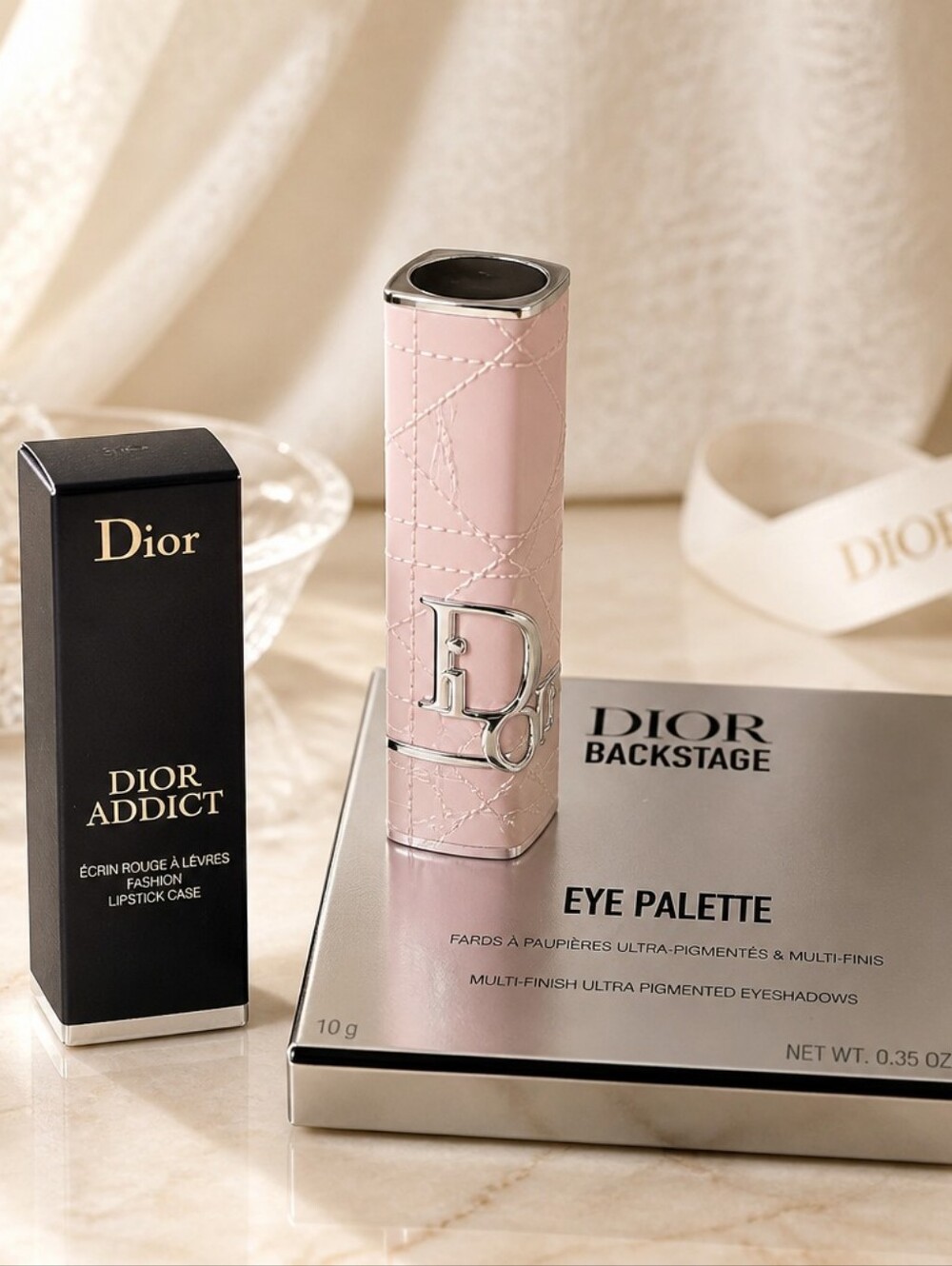 Dior Light Pink Quilted Lipstick Case with Silver Hardware And Eye Pallet